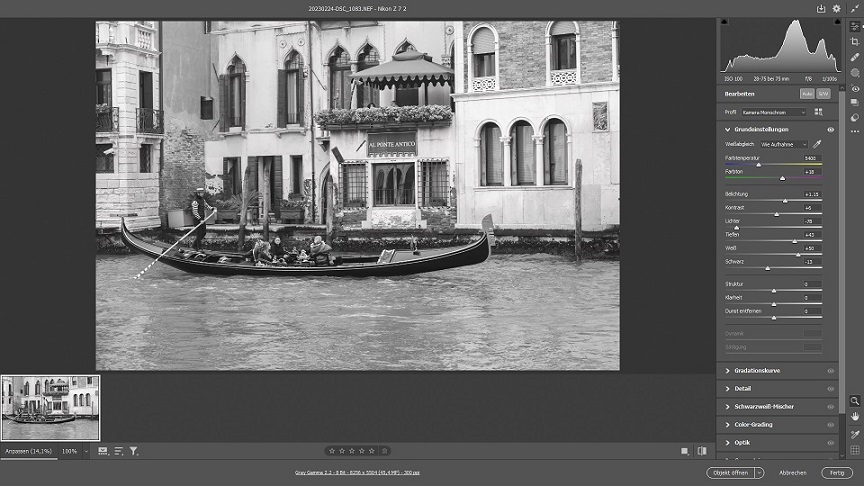 Foto von Gondel in Venedig in Camera RAW.